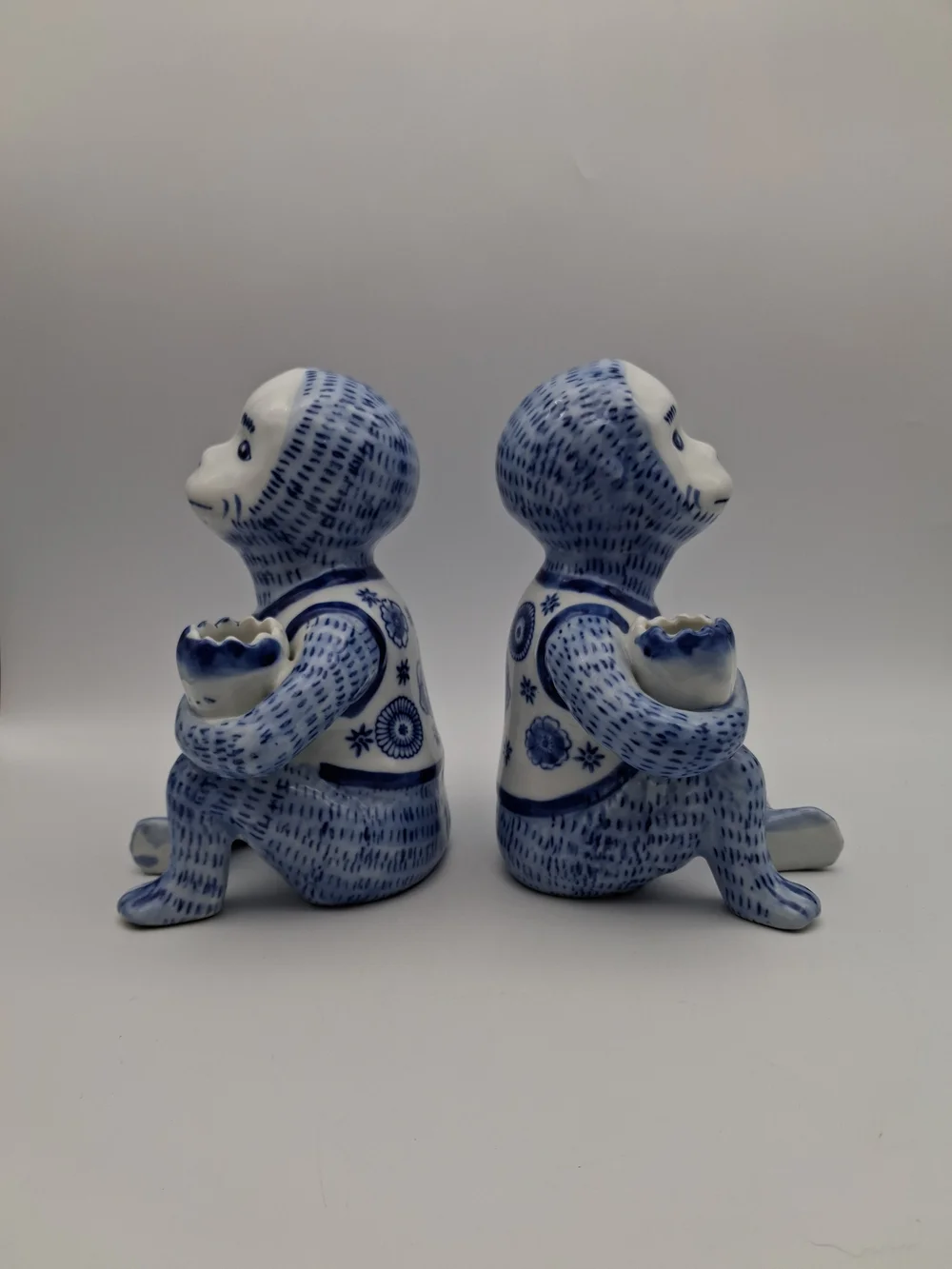 Blue and White Ceramic Monkey Candle Holder - Set of 2 - Signed